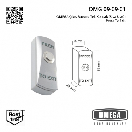 OMEGA Çıkış Butonu Tek Kontak (Sıva Üstü) Press To Exit