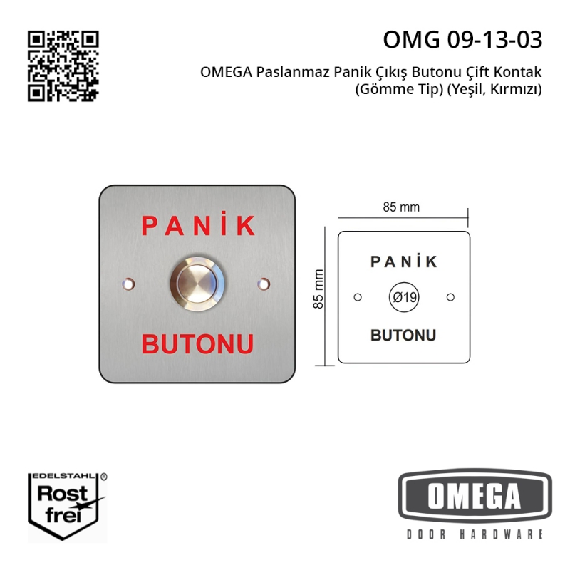 OMEGA Paslanmaz Panik Çıkış Butonu Çift Kontak (Gömme Tip) (Yeşil, Kırmızı)